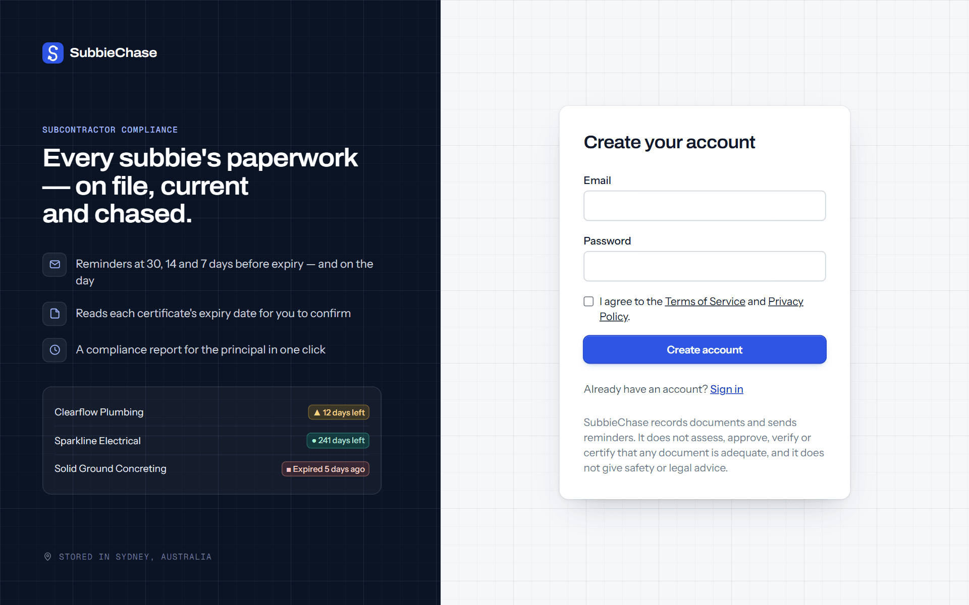 The SubbieChase sign-up page: email and password