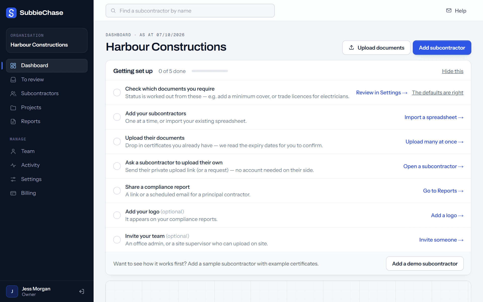 The dashboard's Getting set up checklist: check which documents you require, add your subcontractors, upload their documents, ask a subcontractor to upload their own, share a compliance report