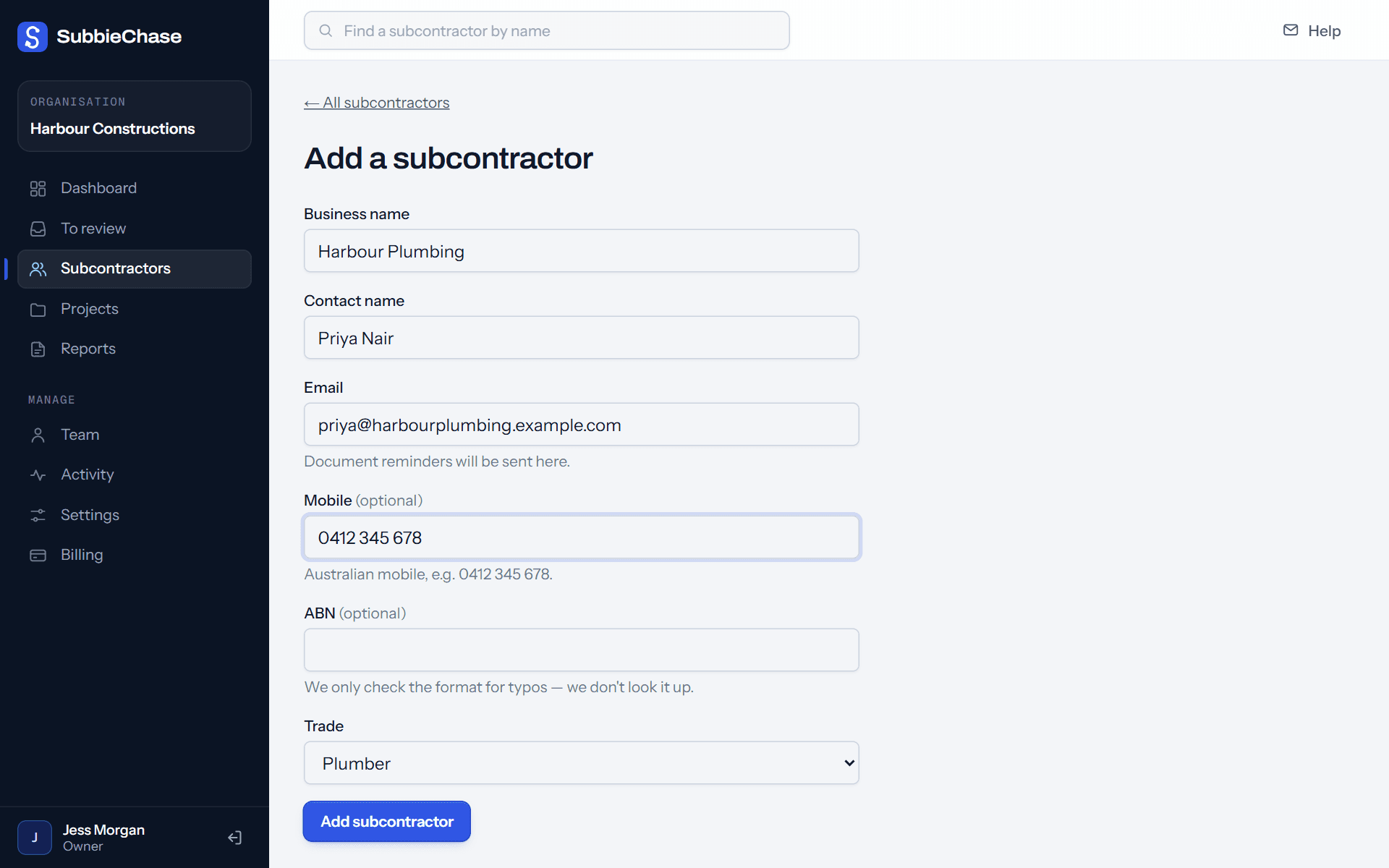 The add subcontractor form: business name, contact name, email, mobile and trade