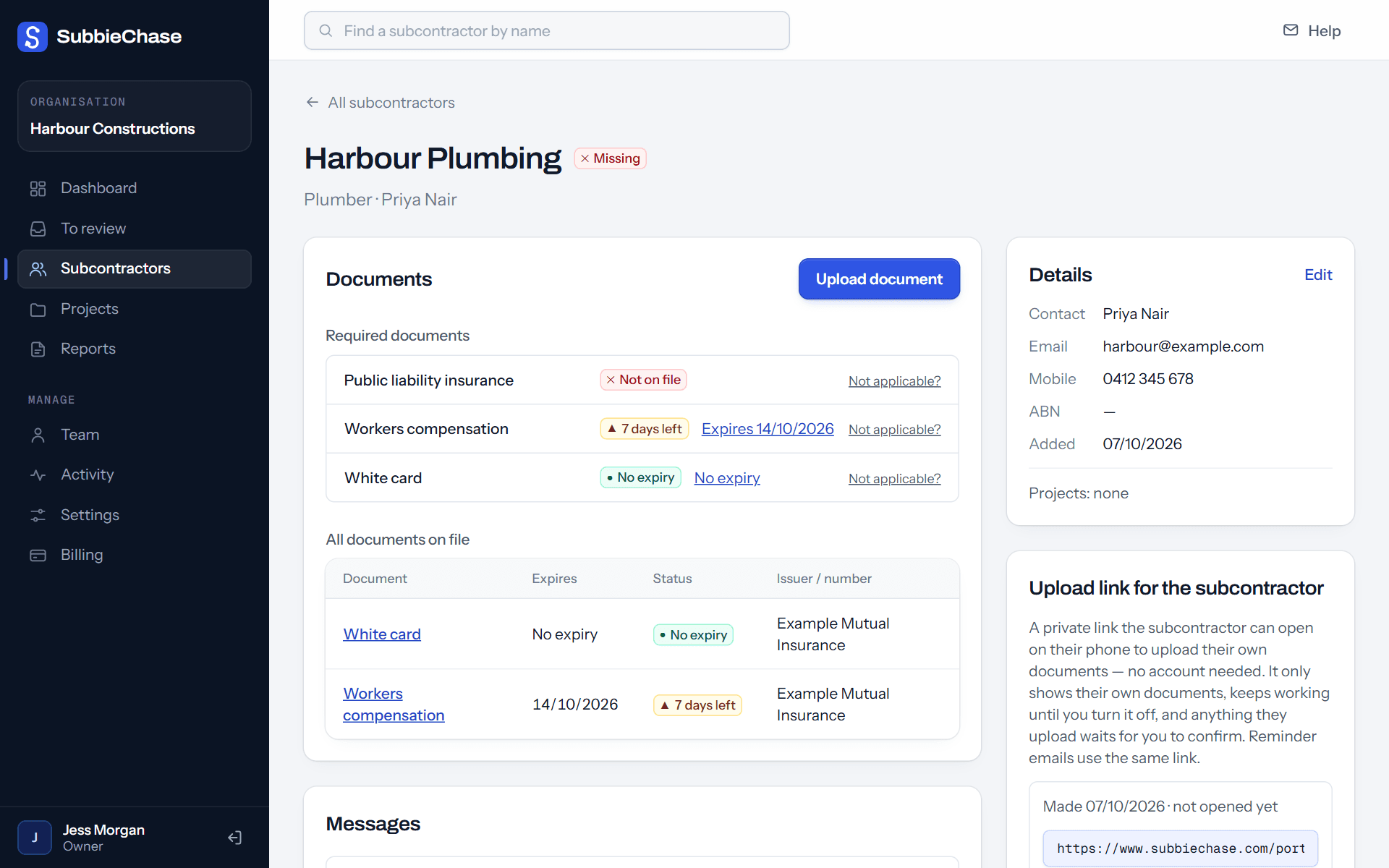 A subcontractor's page: each required document with its status and expiry, and their private upload link