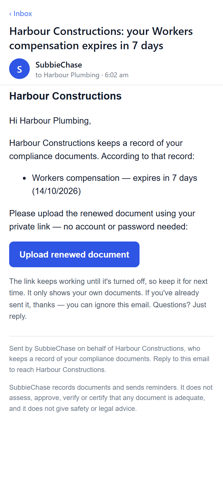 A reminder email on a phone from SubbieChase on behalf of Harbour Constructions: workers compensation expires in 7 days, with an Upload renewed document button