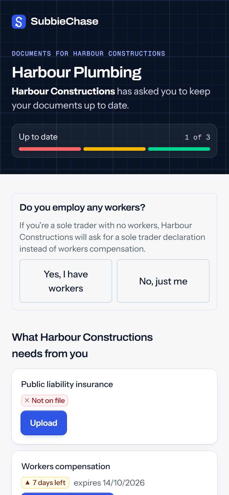 The subcontractor's upload page on a phone: what Harbour Constructions needs from you, with a box for each document and its status