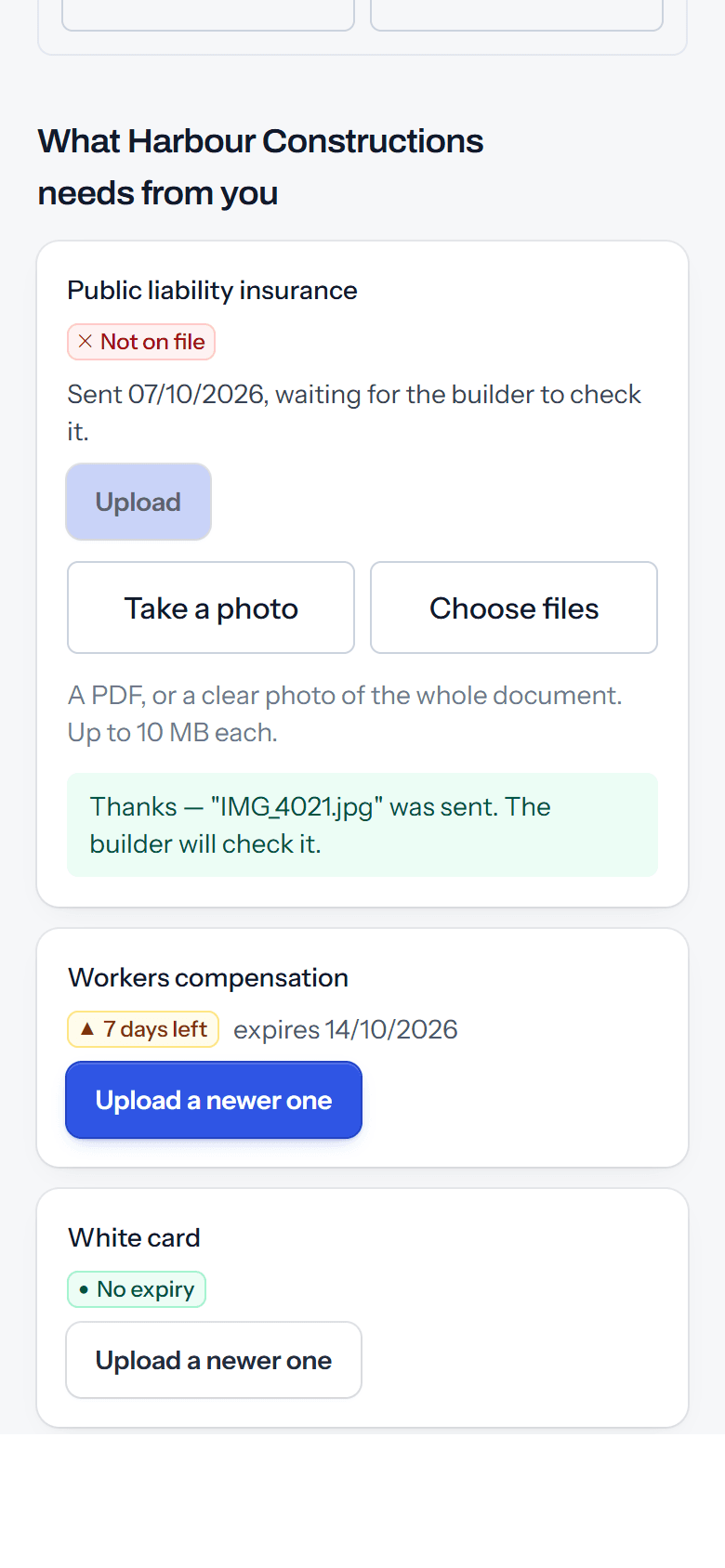 After sending: a message thanking them, saying the builder will check it