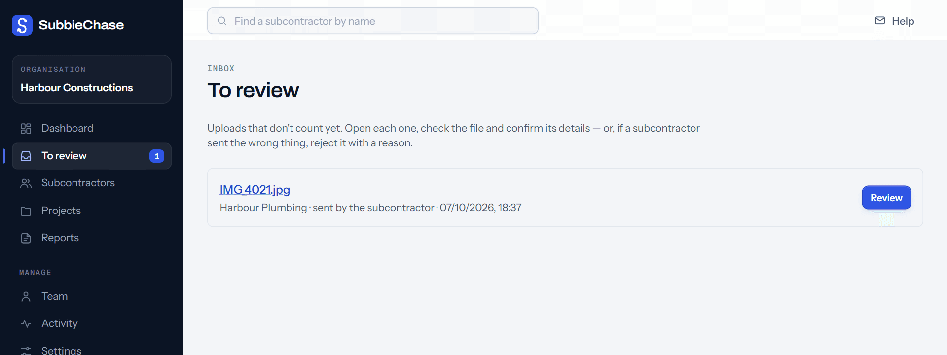 To review: a certificate a subcontractor uploaded through their link, waiting to be checked