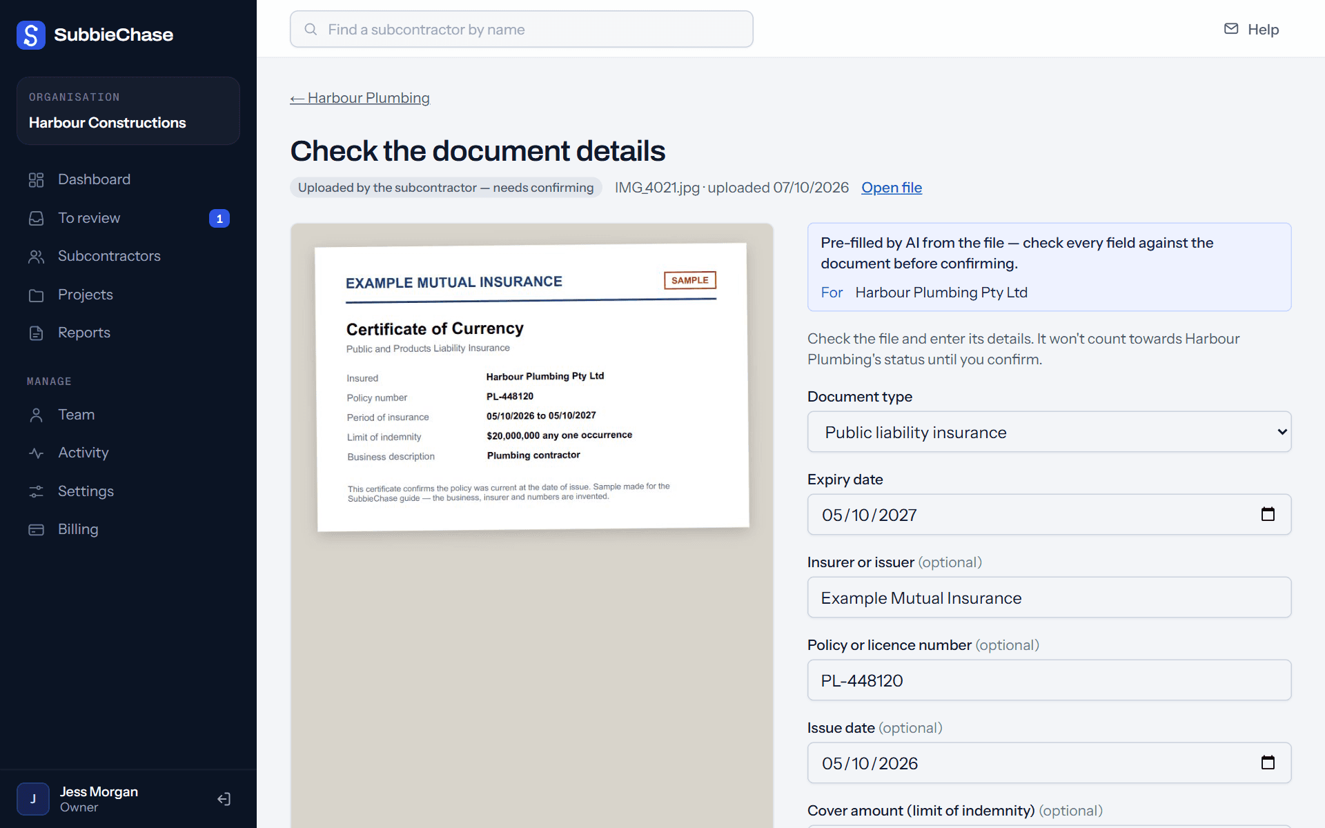 Checking a certificate: the photo of the certificate on the left, and on the right the details read from it — public liability insurance, expiry date, insurer and policy number — ready to confirm