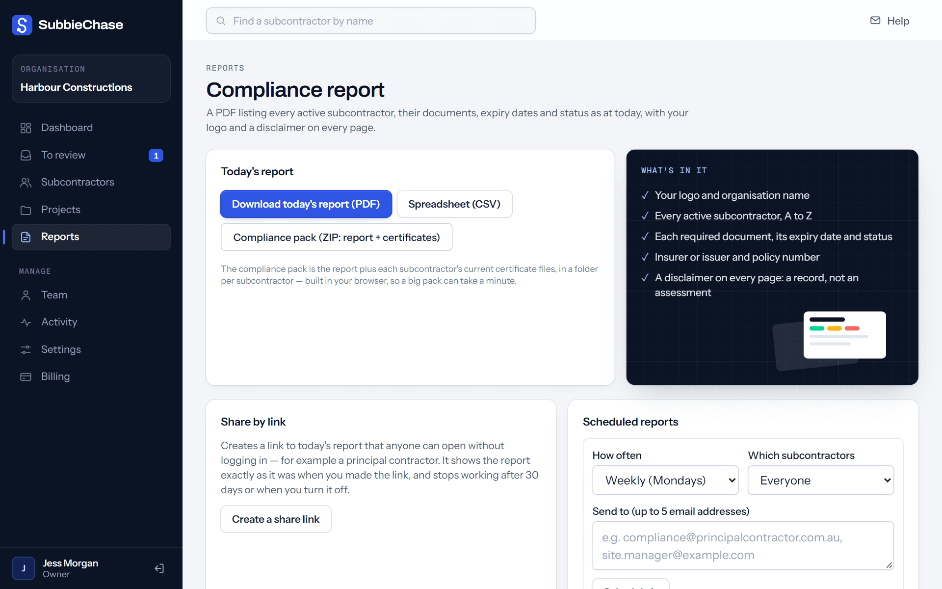 The compliance report page: download today's report, share a link, or schedule it by email