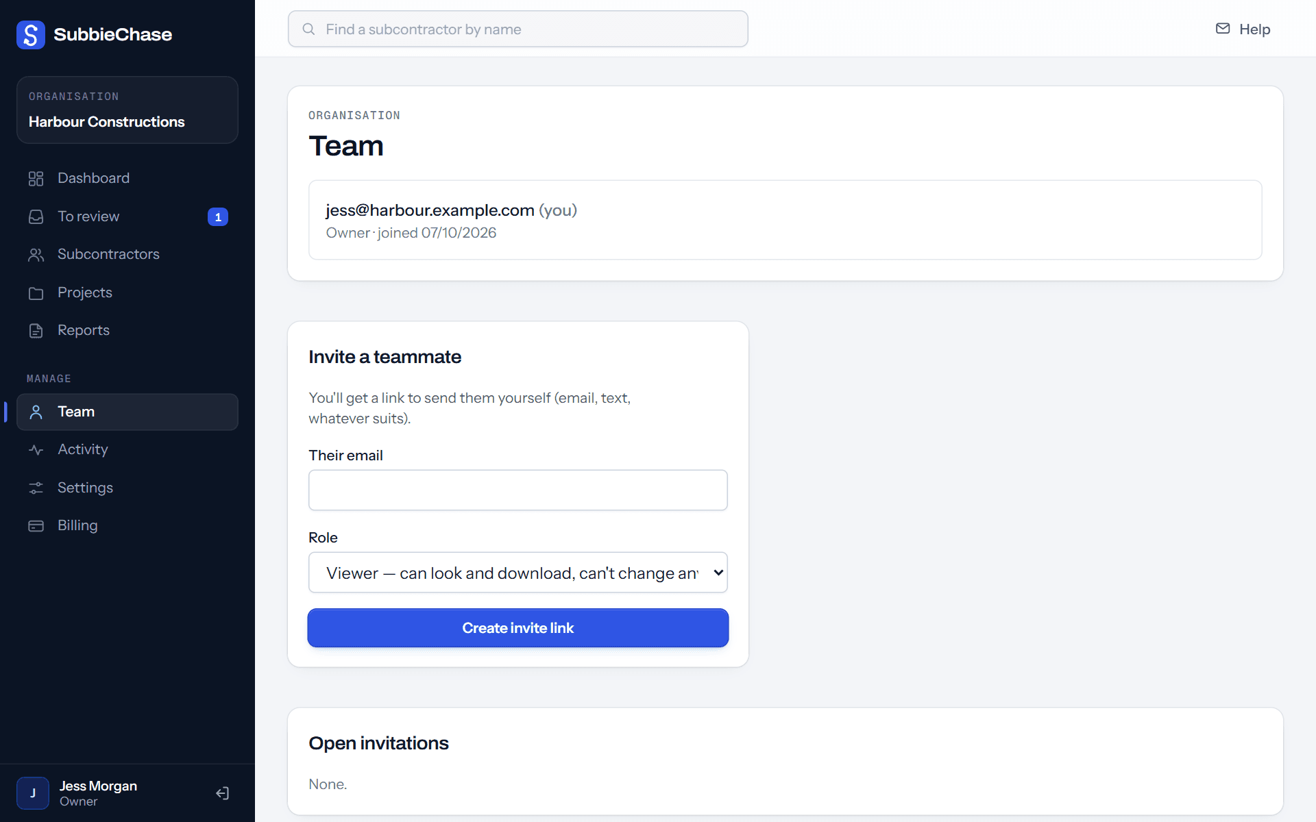The Team page: people in the organisation and a form to invite a teammate with a role