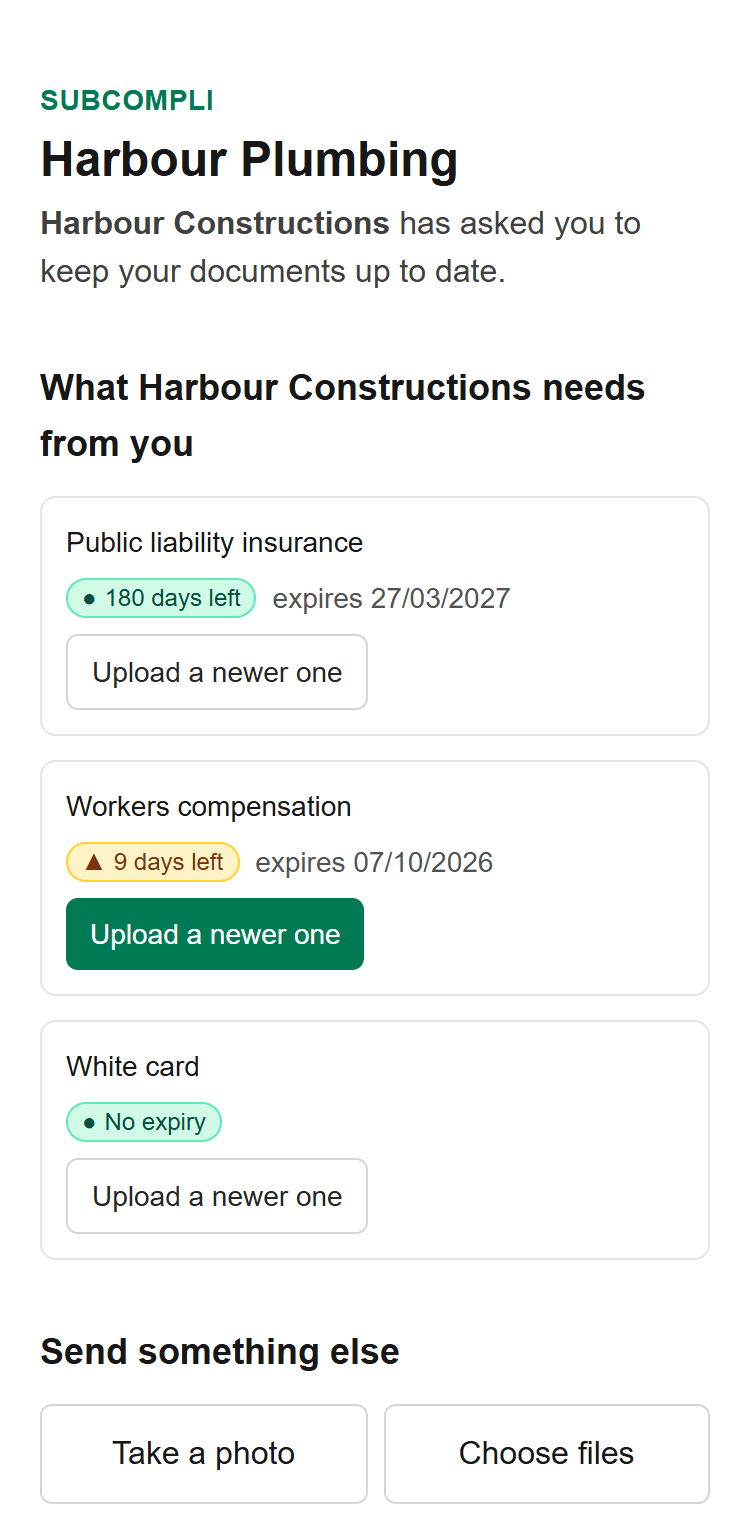 A subcontractor's upload page on a phone, with a box for each document they need to send